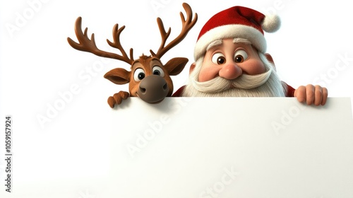 Cartoon Santa and his reindeer friend peeking above a blank sign, with Santa hat tilted and reindeer antlers decorated, isolated on white