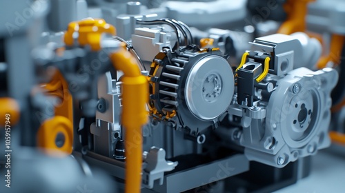 A close-up view of a complex engine assembly, showcasing intricate mechanical components and connecting elements in a modern design.