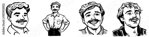 An illustration of a laughing young man with a beard and brown hair from the front.