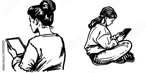 One continuous line drawing depicts the longing of a man looking at an empty photo frame / tablet, placing his palm on it. He symbolizes longing, missing someone, unrequited / non-reciprocal love,