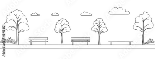 Modern linear illustration with a seamless pattern of an empty city park landscape. Simple monochrome line art background with a local outdoor recreation zone. Outline scenery of a garden square.