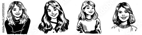 Graphite illustration of a smiling woman with long hair, drawn by hand, modern sketch