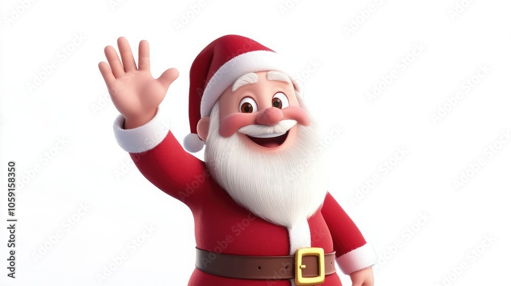 Cartoon Santa waving happily, wearing a classic red suit and hat, isolated on a white background, ready for Christmas celebrations -