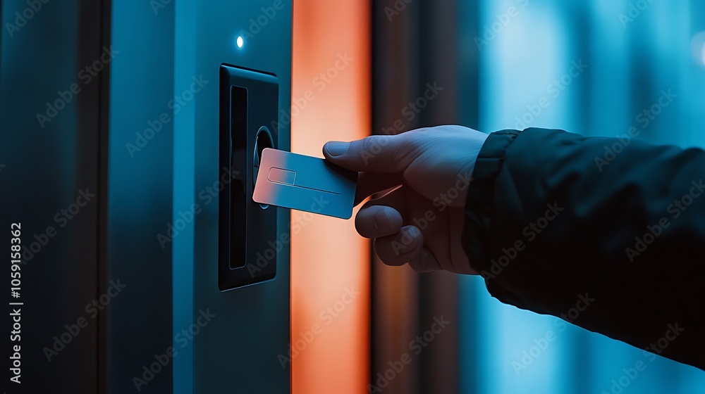 Naklejka premium A hand inserting a card into a modern elevator access control system.