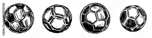 Drawing of a soccer ball in sketch style. Isolated on a white background. Hand drawn soccer ball.