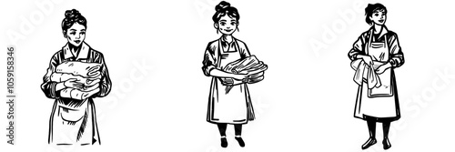 An illustration of a service personnel maid dressed in a professional uniform in a line art style.