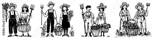 Line art illustration of a farmer woman and a farmer in line with vegetables, chicken, and a fork.