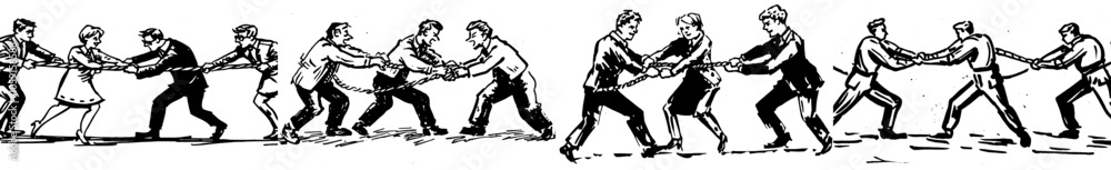 Hand drawn line art cartoon illustration of a happy team of businessmen and women pulling a rope together. Hand drawn line art cartoon illustration of a happy team of businessmen and women pulling a rope together.