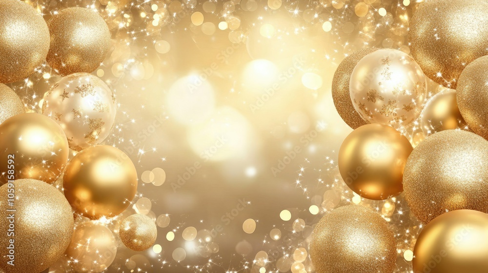Celebratory Happy New Year balloons in gold, holiday background for welcoming the new year. Celebratory Happy New Year balloons in gold, holiday background for welcoming the new year.