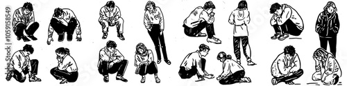 Various poses of depression in people. Sketch style modern illustration