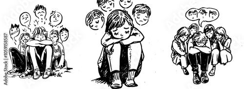 Hand drawn cartoon doodle illustration of a sad young boy huddled on the floor, trying to talk about bullying.