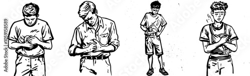 A young boy in pain holds his stomach. Hand drawn cartoon doodle illustration.