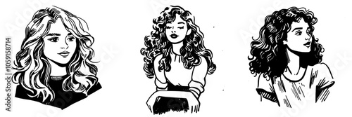 Embossed fashion girl portrait illustration with curly hair. Hand-drawn illustration.
