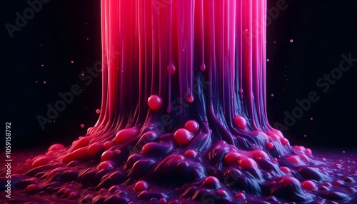 Full image wallpaper of thick, gelatinous liquid, viewed from the front, that is pouring into a thick lake with dim, nonreflective studio lighting. The liquid should be in bright, neon pink, purple, photo