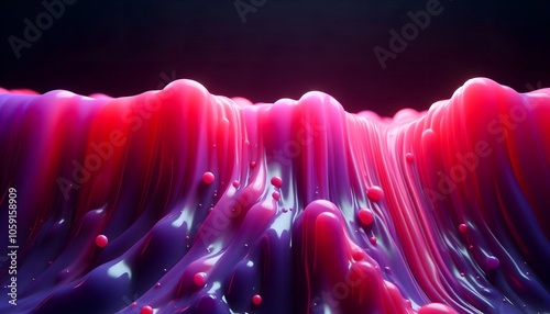 Full image wallpaper of thick, gelatinous liquid, viewed from the front, that is pouring into a thick lake with dim, nonreflective studio lighting. The liquid should be in bright, neon pink, purple, photo