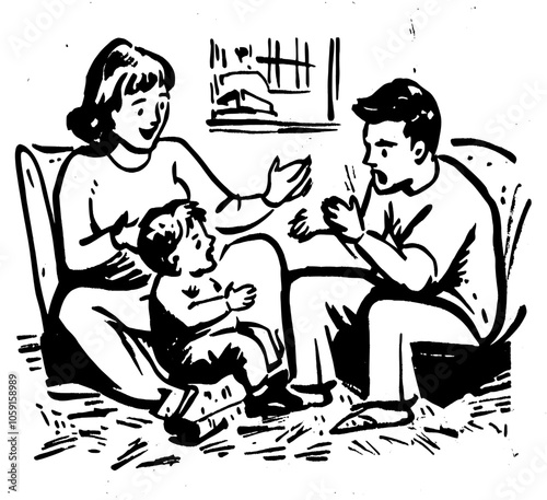 Cartoon doodle illustration of a baby toddler loving his parents while they argue.