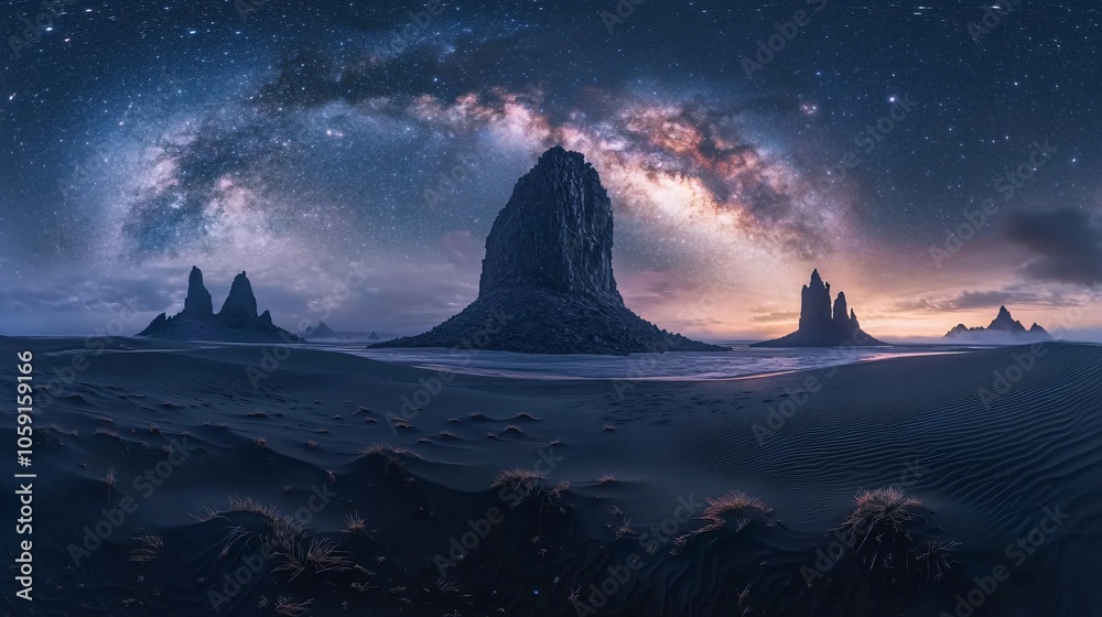Night in the Xinjiang Desert: Majestic Mountains and Starry Galaxy Night in the Xinjiang Desert: Majestic Mountains and Starry Galaxy