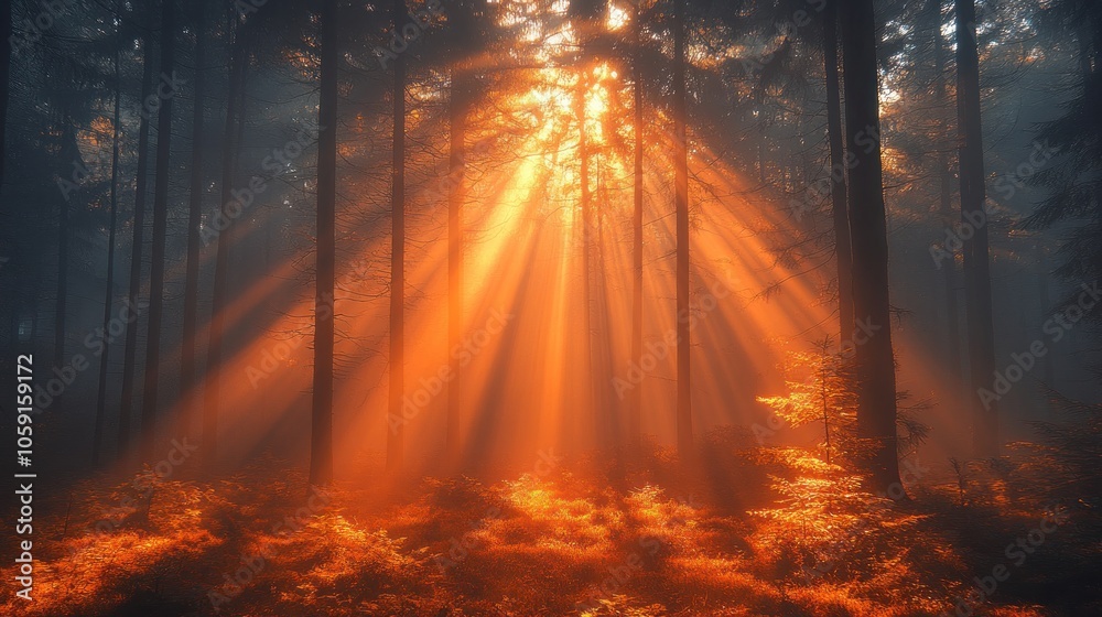 Fototapeta premium Golden sunlight beams through a misty forest, illuminating the autumn leaves on the forest floor.