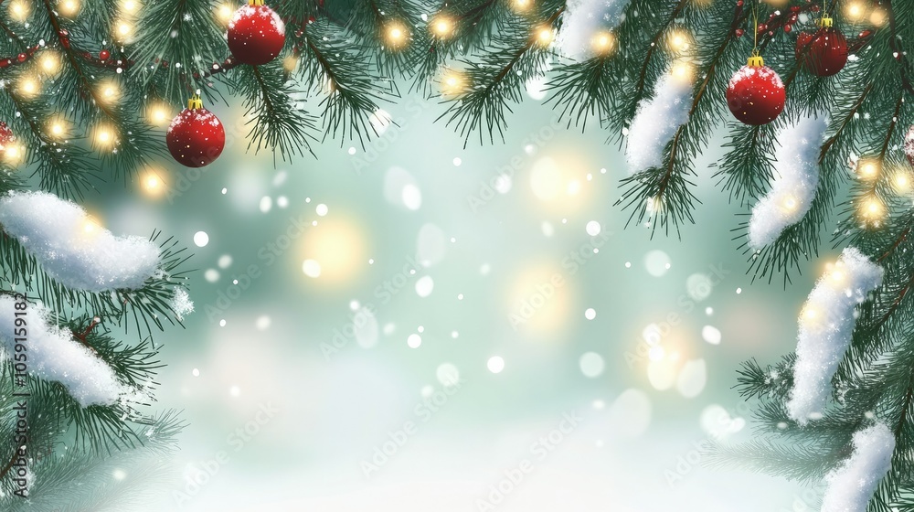 Christmas tree branches with snow, blurred background lights and garlands, soft winter holiday atmosphere. Christmas tree branches with snow, blurred background lights and garlands, soft winter holiday atmosphere.