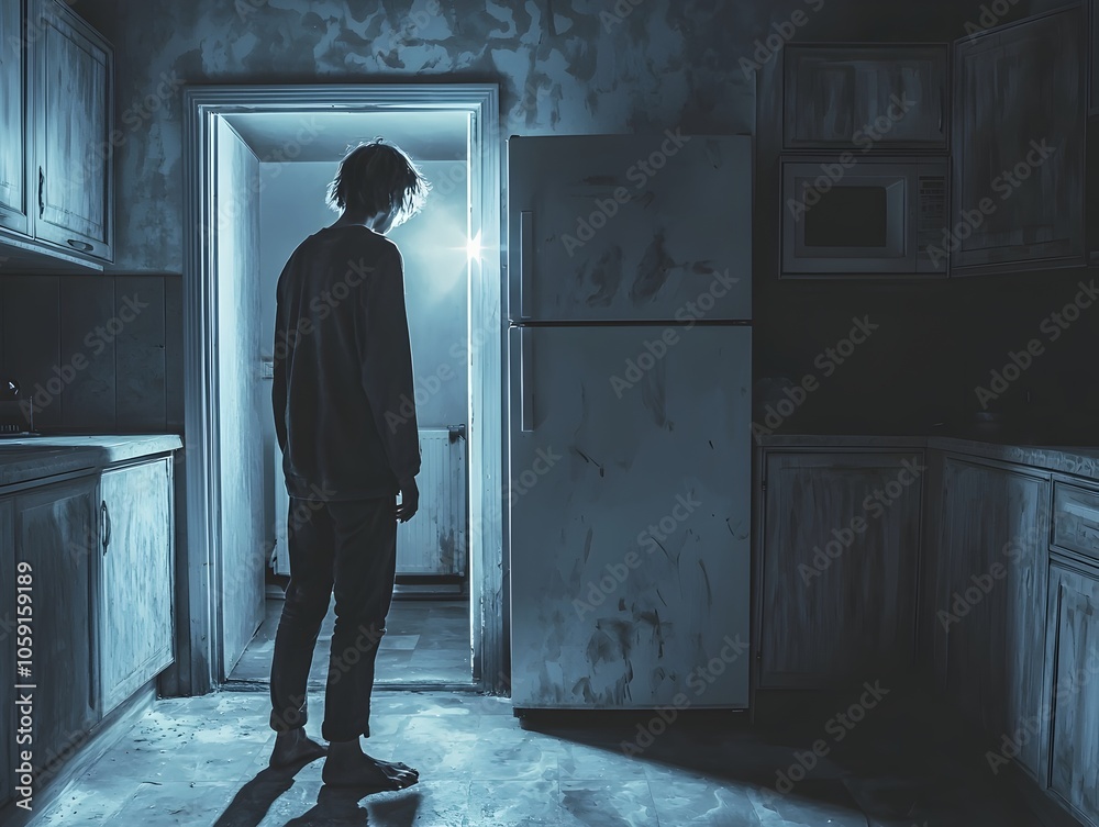 Fototapeta premium Malnourished Person Staring into Empty Fridge in Dim and Lonely Kitchen Signifying Food Insecurity