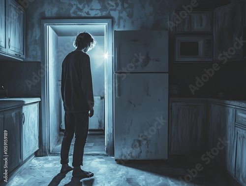 Malnourished Person Staring into Empty Fridge in Dim and Lonely Kitchen Signifying Food Insecurity photo