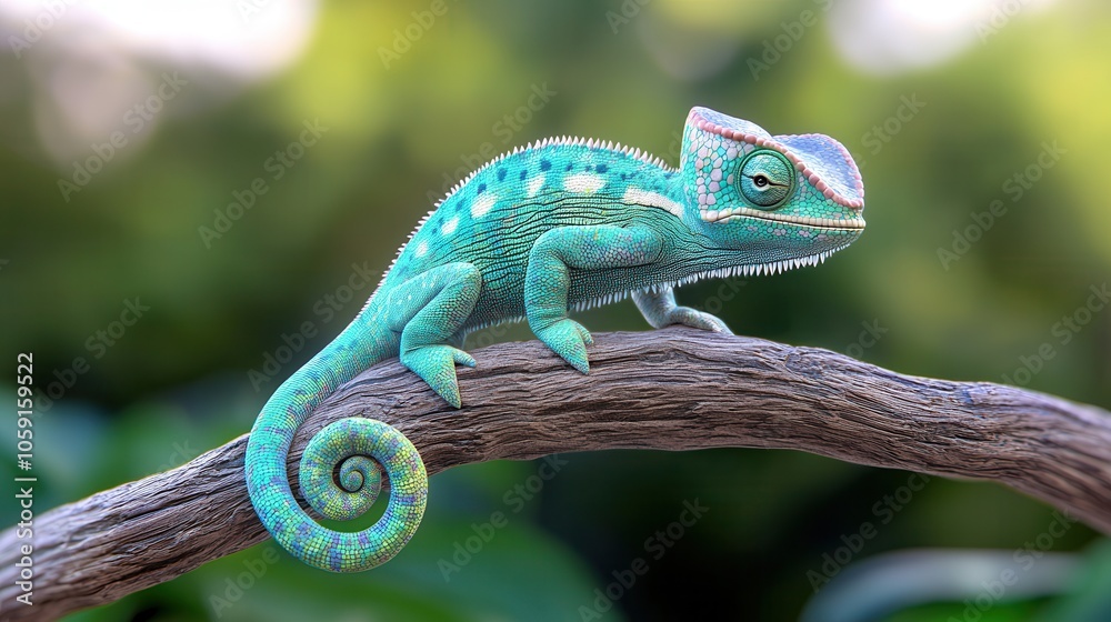 Fototapeta premium A vibrant green chameleon perched on a branch, showcasing its unique textures and intricate patterns.
