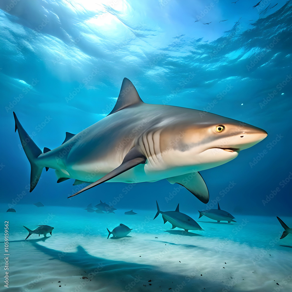 Fototapeta premium A solitary bull shark patrolling the depths of an expansive ocean, its sleek silhouette contrasting against the soft hues of an ethereal, blurred seascape, offering ample copy space