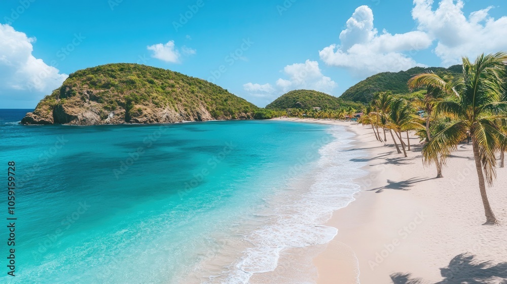 Fototapeta premium Clear, sunny beach scene with palm-lined shores, sparkling sand, and inviting turquoise waters.