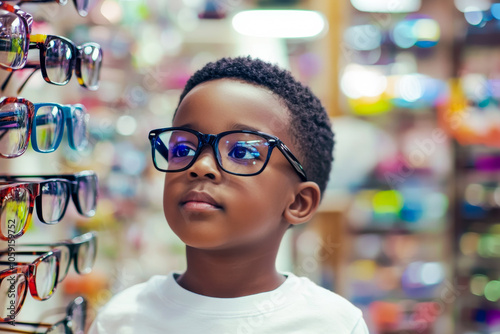 Cute african american boy with eyeglasses looking at colorful eyeglasses on display in optical store