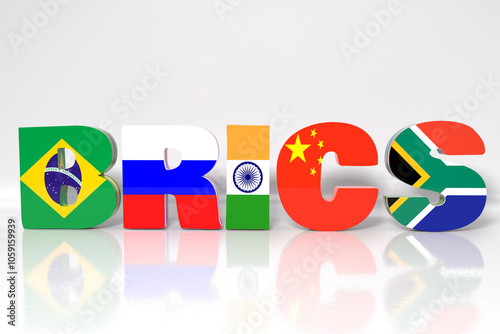 BRICS countries flag Brazil, Russia, India, China and South Africa with white background,3D rendering, 3D illustration