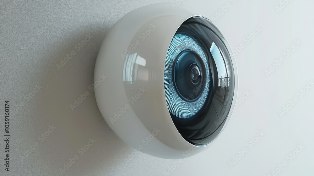 A modern, sleek surveillance camera design resembling an eye, featuring a glossy white casing and a blue lens.