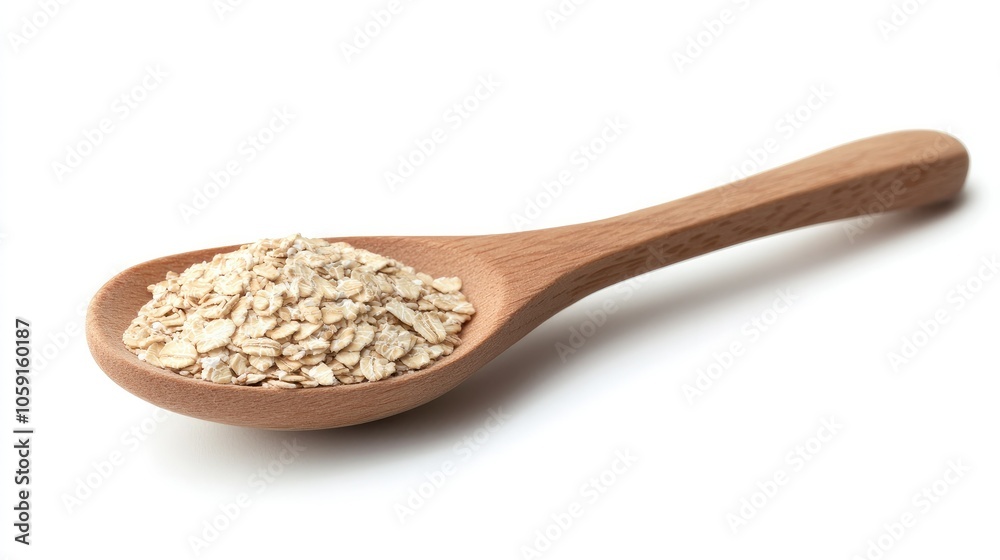 Close-up of rolled oats in a wooden spoon, isolated on a white background, highlighting texture and healthy appeal Close-up of rolled oats in a wooden spoon, isolated on a white background, highlighting texture and healthy appeal
