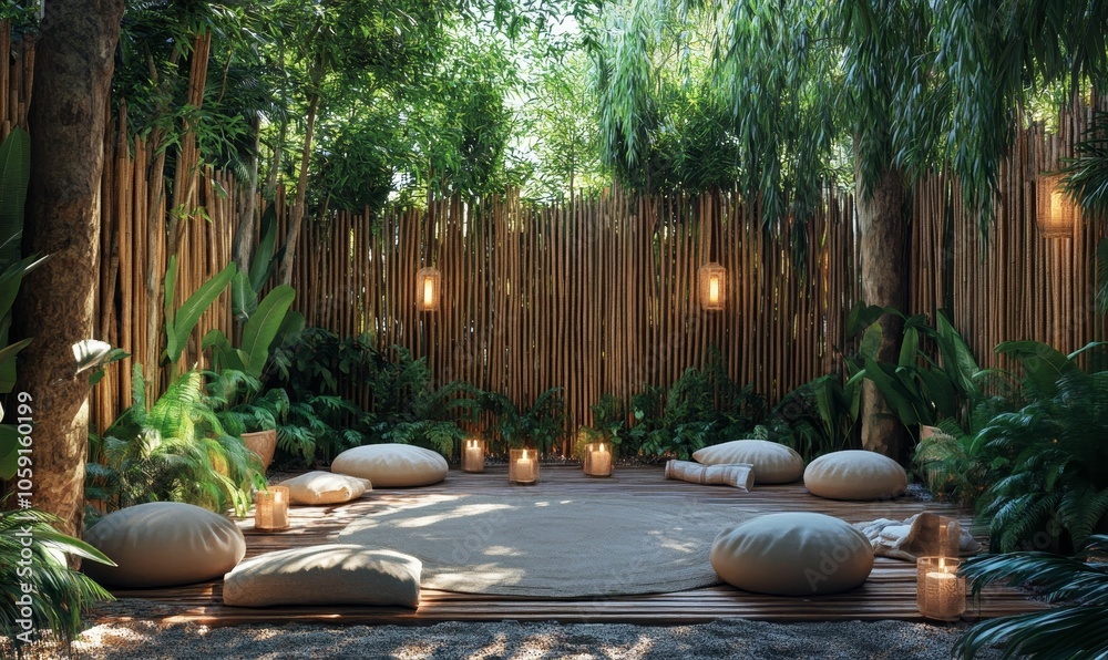 Fototapeta premium Peaceful outdoor seating area with lush greenery.