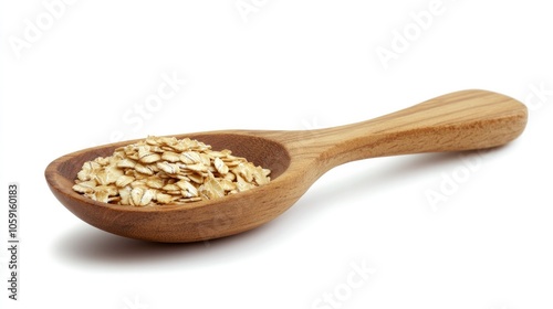 Close-up of rolled oats in a wooden spoon, isolated on a white background, highlighting texture and healthy appeal