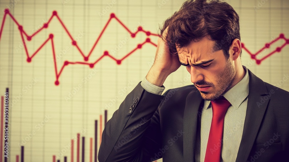 Man in suit examining declining sales chart, visibly sad and concerned over results