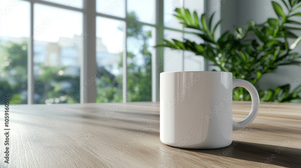 A minimalist white mug on a wooden table, bathed in natural light, set against a lush, green backdrop. A minimalist white mug on a wooden table, bathed in natural light, set against a lush, green backdrop.