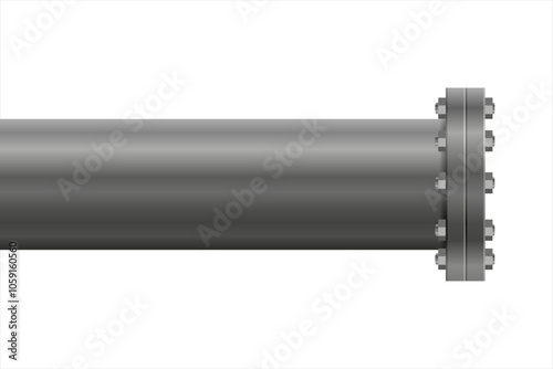 Metal pipe with empty flange covering the end. A PVC pipe with metal joins and flanges with bolts. Vector illustration  isolated on white background