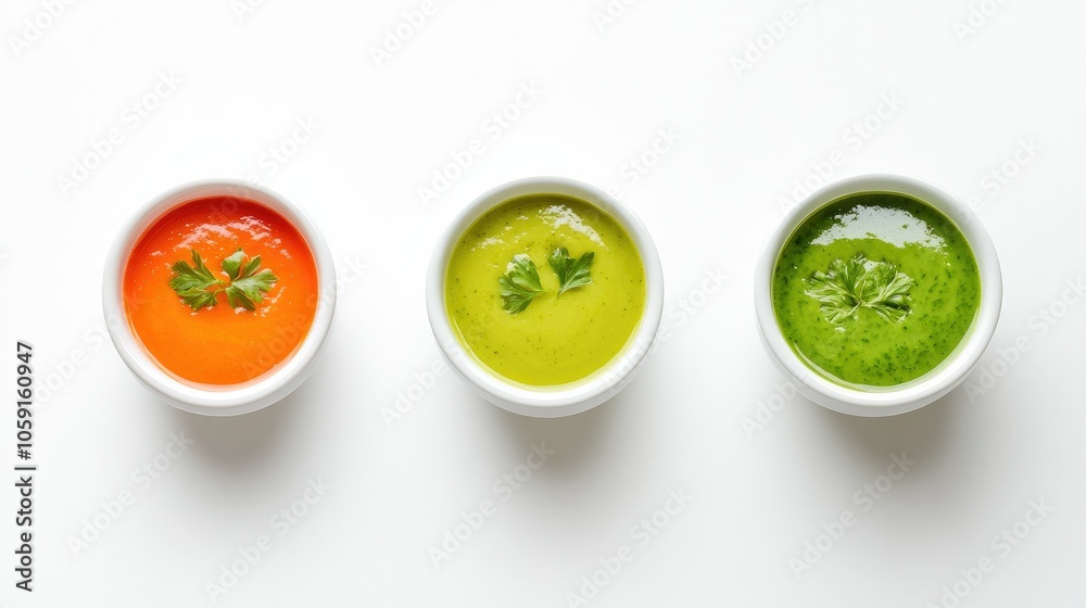 Creamy soups in green, orange, and red, arranged on white background, each with fresh garnish, for a healthy and colorful presentation Creamy soups in green, orange, and red, arranged on white background, each with fresh garnish, for a healthy and colorful presentation