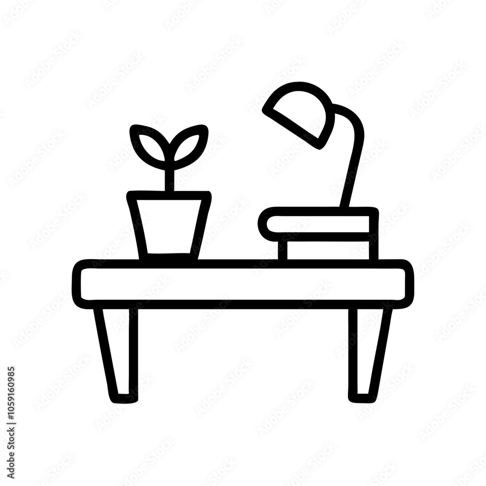 Icon of desk with plant and lamp in modern design with black outline Icon of desk with plant and lamp in modern design with black outline