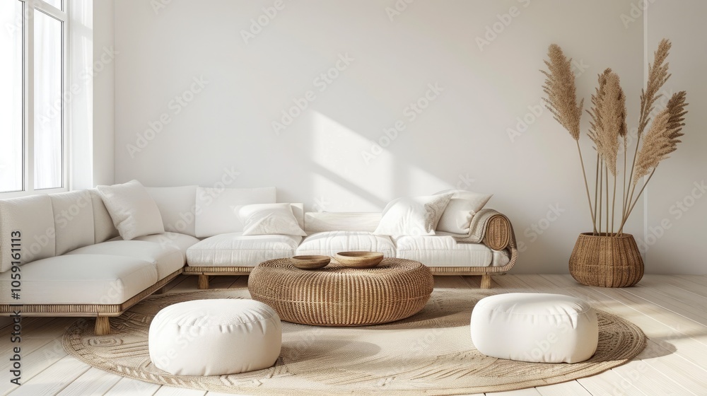 Room with diverse light-colored wooden and braided wicker furniture, white fabric sofas, and light floating flooring Room with diverse light-colored wooden and braided wicker furniture, white fabric sofas, and light floating flooring