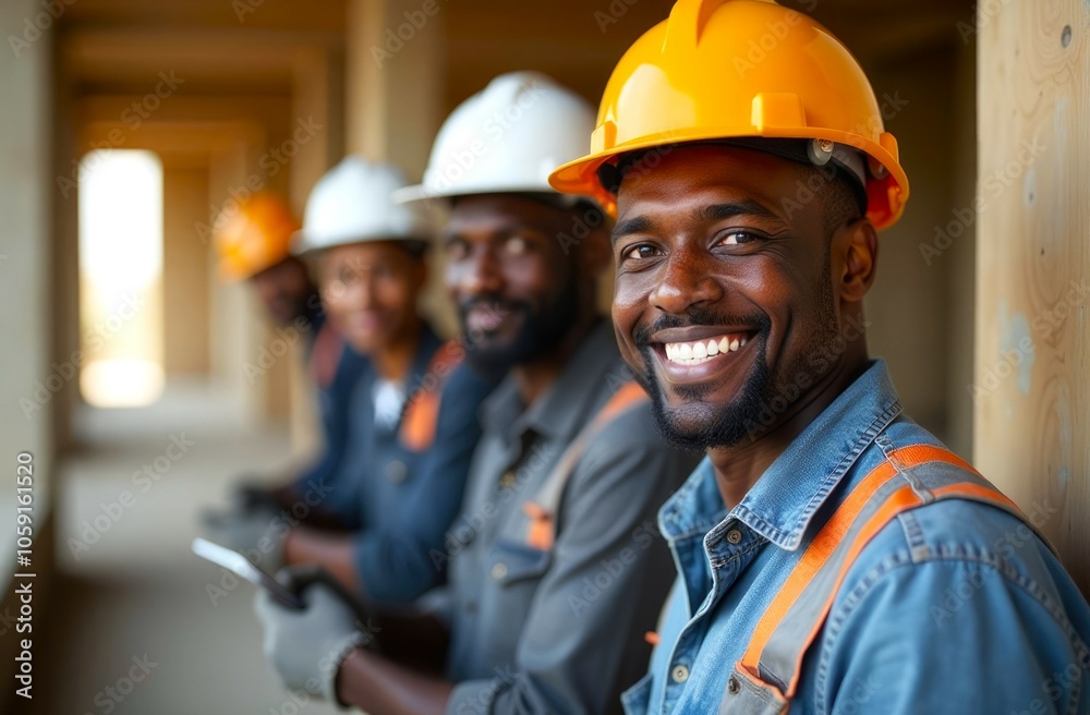 Team of Construction Workers in Professional Clothes and Helmets, looking at camera. Group of Smiling Black Builders Men. Blurred background of Construction Site Team of Construction Workers in Professional Clothes and Helmets, looking at camera. Group of Smiling Black Builders Men. Blurred background of Construction Site
