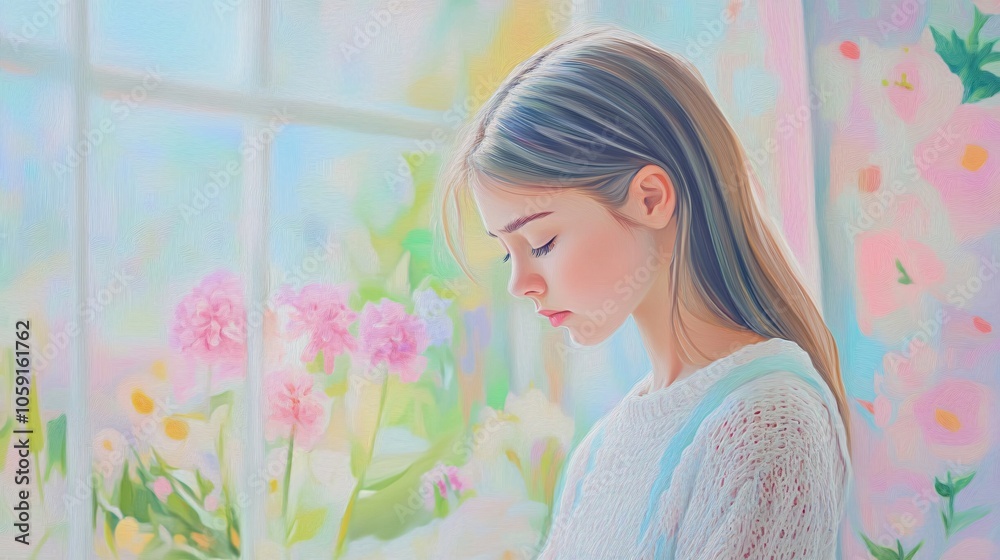 Serene Girl by the Window: A Portrait of Peaceful Contemplation Serene Girl by the Window: A Portrait of Peaceful Contemplation
