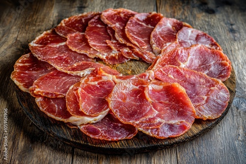 A circular arrangement of thinly sliced cured meat on a wooden board, showcasing its rich color and texture. photo