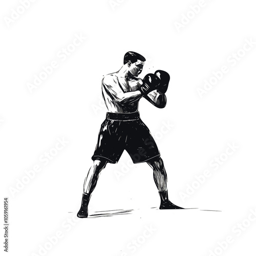 Boxer in a fighting stance black and white illustration