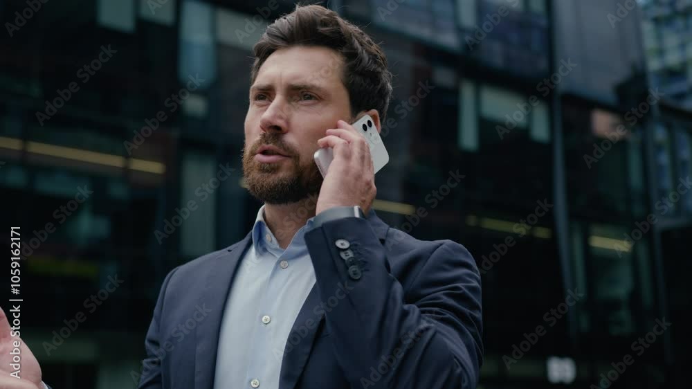 Caucasian man formal suit businessman male business person entrepreneur guy employer real estate agent answer mobile phone call downtown office building outside talk cellphone chatting outdoors city