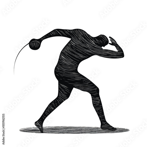 Discus thrower winding up black and white illustration