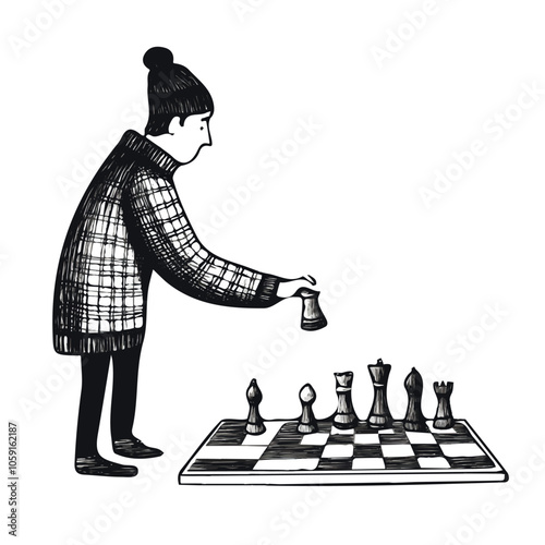 Chess player making a move black and white illustration
