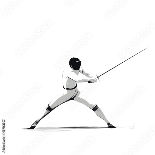 Fencer with sword in combat position black and white illustration