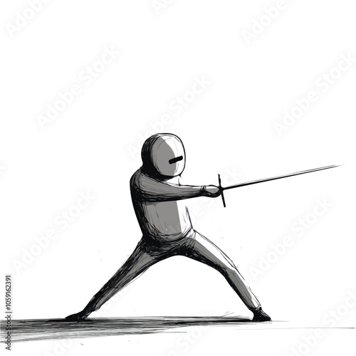 Fencer with sword in combat position black and white illustration