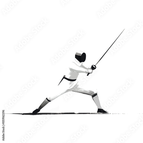 Fencer with sword in combat position black and white illustration